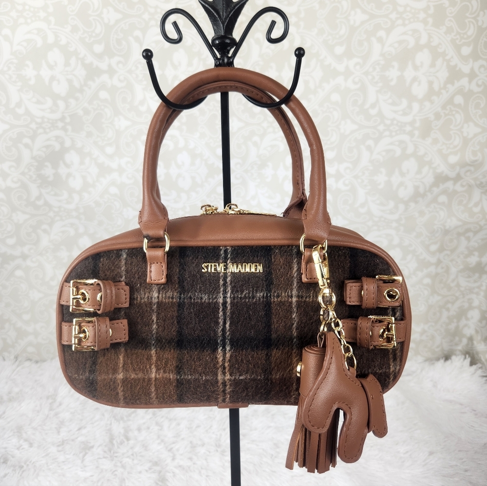 Steve Madden Tan and Brown Plaid Satchel with Removable Crossbody Strap